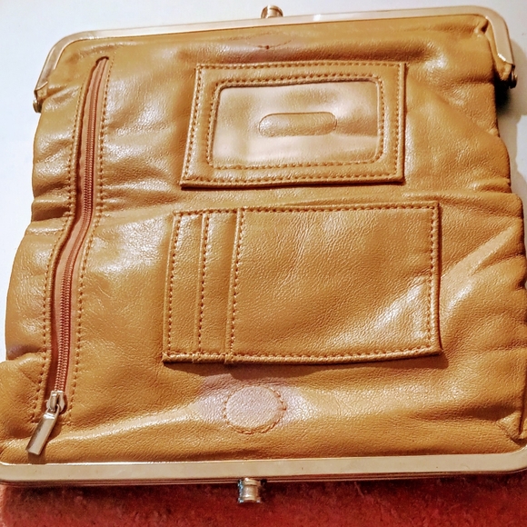 Vintage Double Clutch Carmel Leather design purse with zipper inside & pockets. - Picture 2 of 4